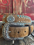 Ladies Hair-On-Hide Belt with Turquoise Crystal Studs & Concho