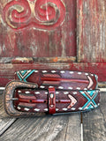 American Darling Tool Belt Arrow Belt in red and turquoise, hand-tooled and painted design with white buckstitch edges - ADBLF104. Available at Blair's Western Wear, Marble Falls, TX.