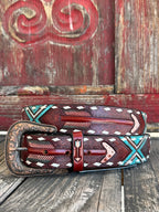 American Darling Tool Belt Arrow Belt in red and turquoise, hand-tooled and painted design with white buckstitch edges - ADBLF104. Available at Blair's Western Wear, Marble Falls, TX.