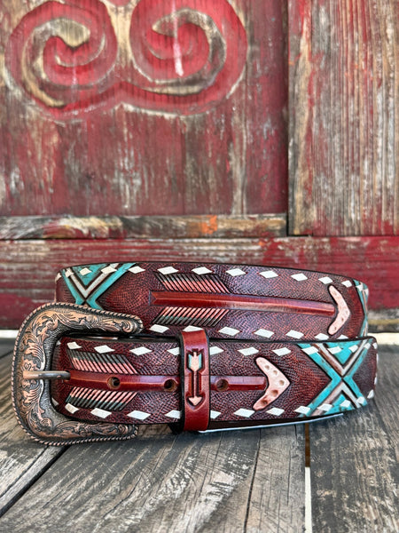 American Darling Tool Belt Arrow Belt in red and turquoise, hand-tooled and painted design with white buckstitch edges - ADBLF104. Available at Blair's Western Wear, Marble Falls, TX.