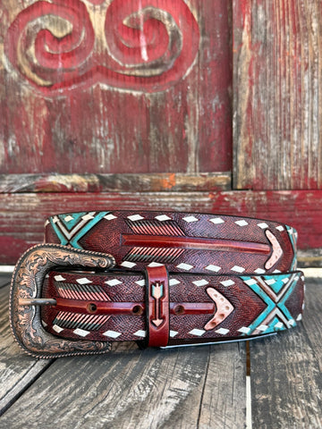 American Darling Tool Belt Arrow Belt in red and turquoise, hand-tooled and painted design with white buckstitch edges - ADBLF104. Available at Blair's Western Wear, Marble Falls, TX.