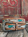 Ladies Hand-Tooled Feather Leather Belt