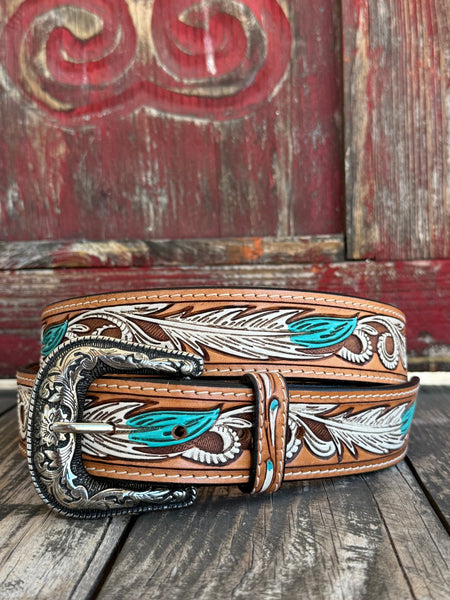 Ladies Hand-Tooled Feather Leather Belt