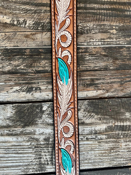 Ladies Hand-Tooled Feather Leather Belt
