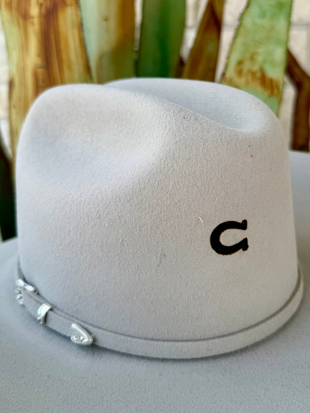 Ranch Tan felt cowgirl hat showing a dark embroidered C on the crown and matching felt band with silver-tone hardware — Blair's Western Wear Marble Falls TX