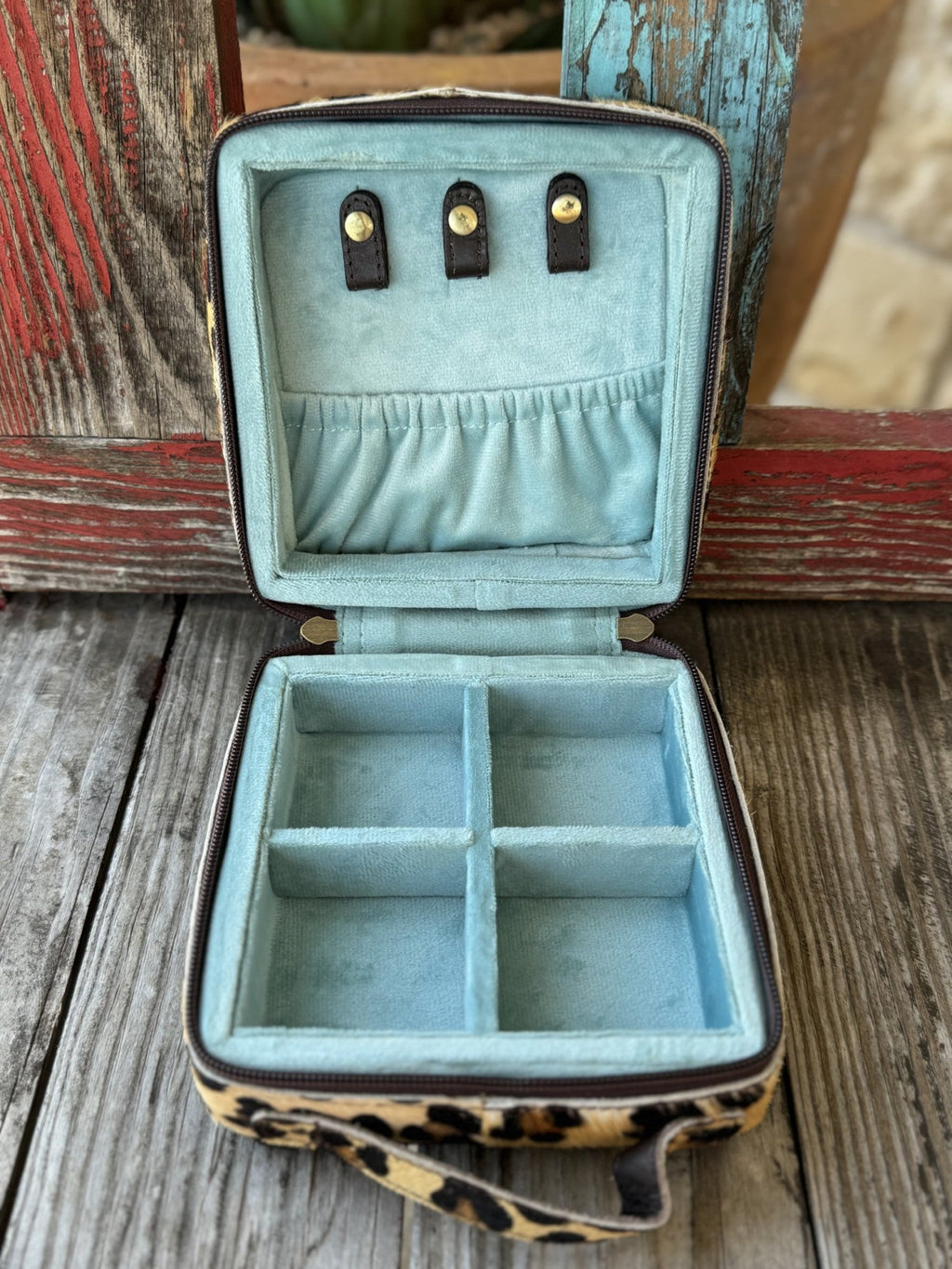 Ladies Leopard Print Jewelry Case / Makeup Case in brown and tan, compact design with blue velvet compartments and zippered closure - ADBGA312E. Available at Blair's Western Wear, Marble Falls, TX.