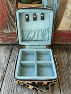 Ladies Leopard Print Jewelry Case / Makeup Case in brown and tan, compact design with blue velvet compartments and zippered closure - ADBGA312E. Available at Blair's Western Wear, Marble Falls, TX.