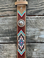 Ladies Smooth Leather Belt with Metal Conchos and Embroidered Aztec Design - N320002944 - Blair's Western Wear Marble Falls, TX