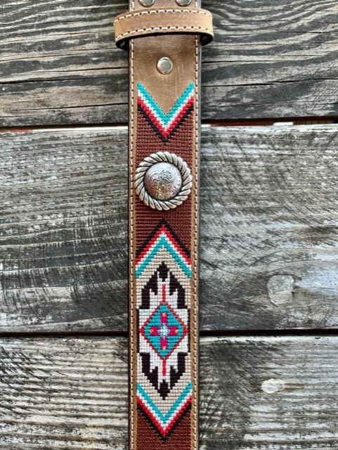 Ladies Smooth Leather Belt with Metal Conchos and Embroidered Aztec Design - N320002944 - Blair's Western Wear Marble Falls, TX