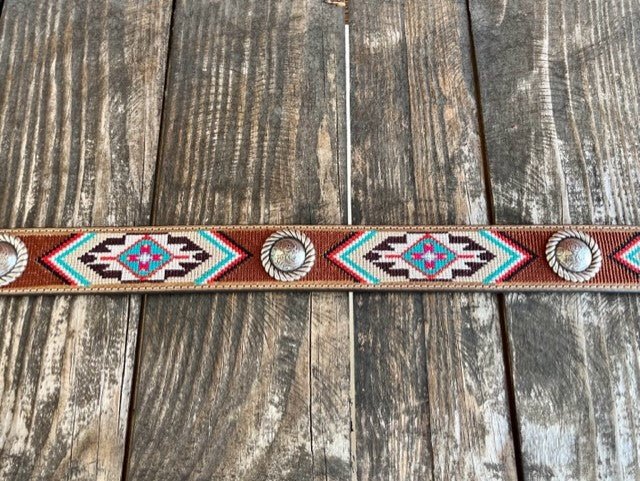 Ladies Smooth Leather Belt with Metal Conchos and Embroidered Aztec Design - N320002944 - Blair's Western Wear Marble Falls, TX