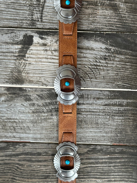 Ladies Silver Scalloped Concho Belt with Turquoise Stone