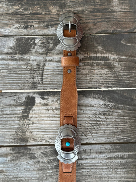 Ladies Silver Scalloped Concho Belt with Turquoise Stone