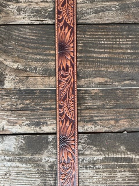 Ladies Sunflower Tooled Leather Belt with Silver Buckle