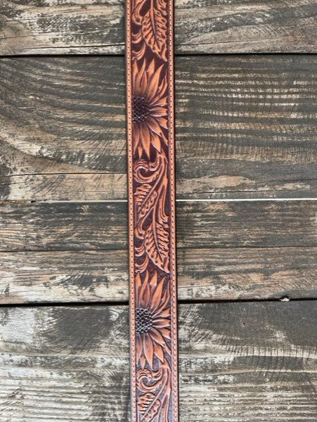 Ladies Sunflower Tooled Leather Belt with Silver Buckle