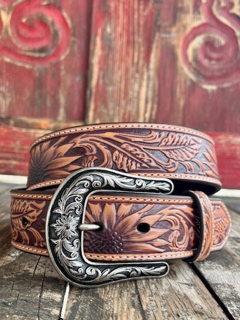 Ladies Sunflower Tooled Leather Belt with Silver Buckle