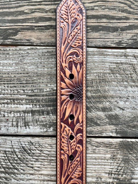 Ladies Sunflower Tooled Leather Belt with Silver Buckle