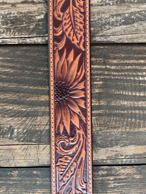 Ladies Sunflower Tooled Leather Belt with Silver Buckle
