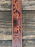 Ladies Sunflower Tooled Leather Belt with Silver Buckle
