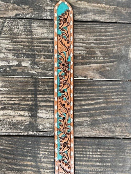 Ladies Tan & Turquoise Floral Tooled Leather Belt