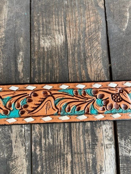 Ladies Tan & Turquoise Floral Tooled Leather Belt