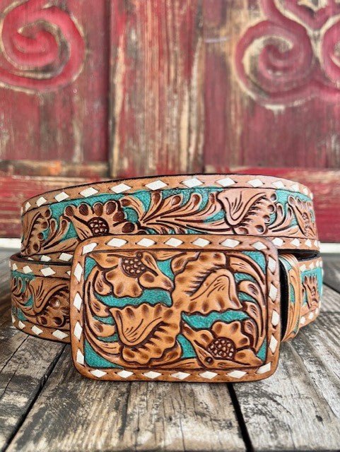 Ladies Tan & Turquoise Floral Tooled Leather Belt
