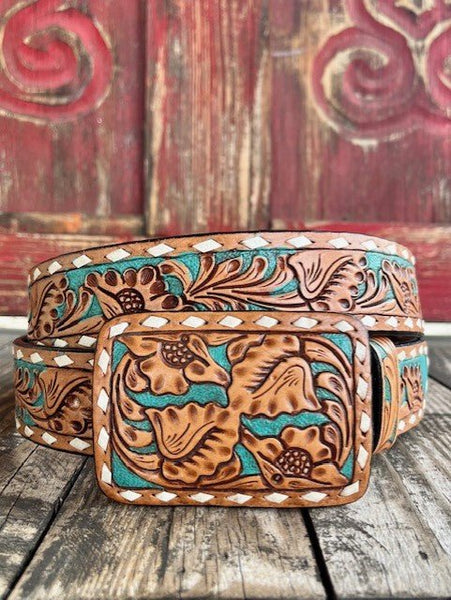 Ladies Tan & Turquoise Floral Tooled Leather Belt