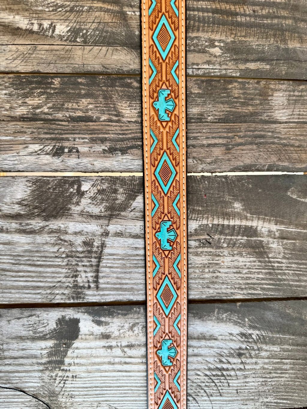 Ladies Tan & Turquoise Tooled Leather Belt