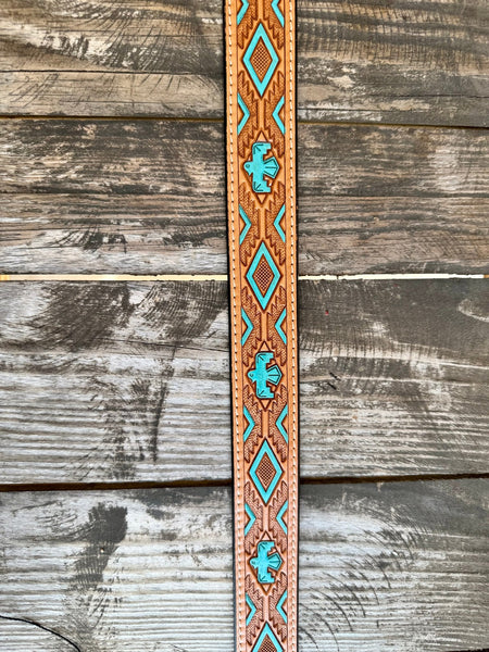 Ladies Tan & Turquoise Tooled Leather Belt