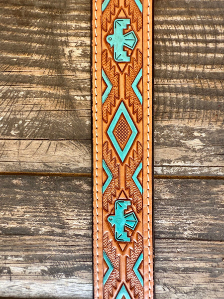 Ladies Tan & Turquoise Tooled Leather Belt