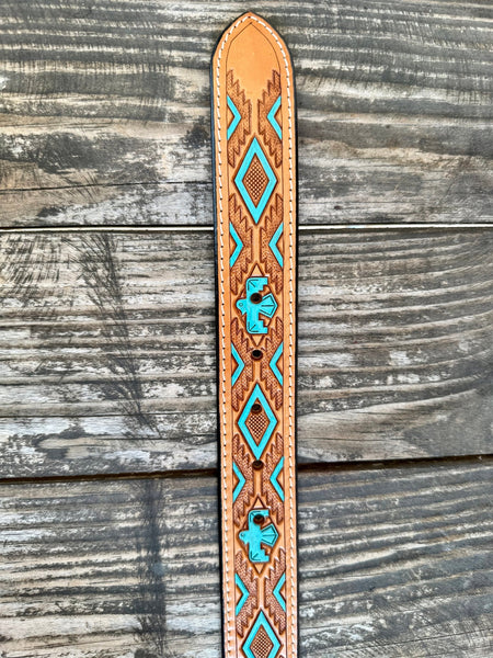 Ladies Tan & Turquoise Tooled Leather Belt