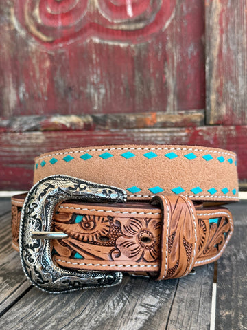 Ladies Tooled Leather Belt with Turquoise Cutout Edge
