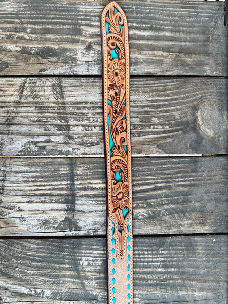 Ladies Tooled Leather Belt with Turquoise Cutout Edge