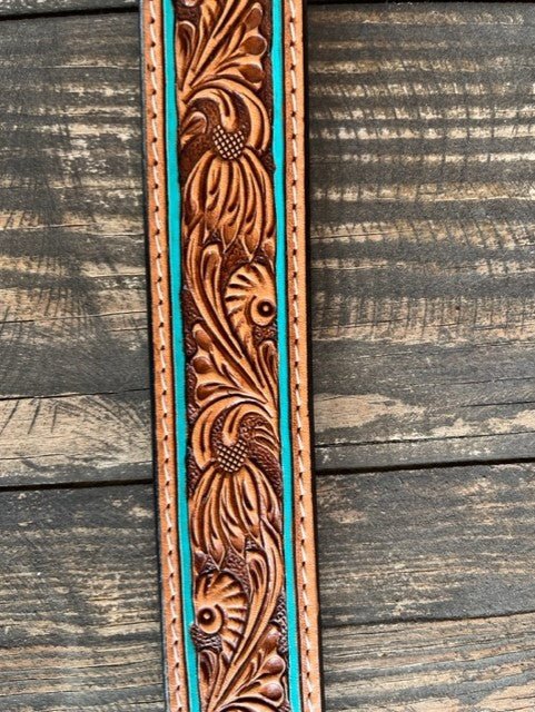 Ladies Tooled Leather Belt with Turquoise Edge & Rawhide Stitch