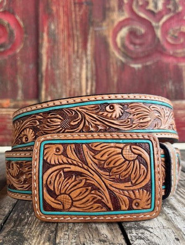 Ladies Tooled Leather Belt with Turquoise Edge & Rawhide Stitch