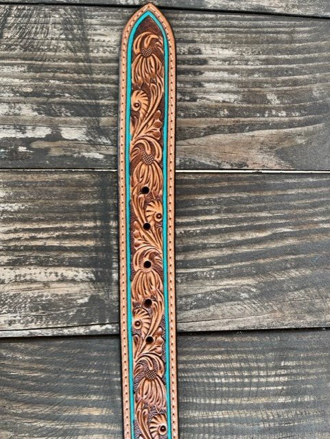 Ladies Tooled Leather Belt with Turquoise Edge & Rawhide Stitch