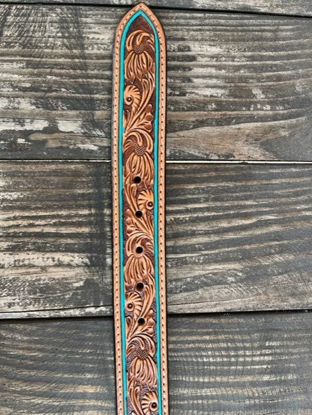 Ladies Tooled Leather Belt with Turquoise Edge & Rawhide Stitch