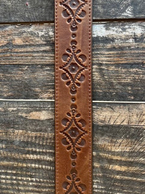 Ladies Tooled Leather Belt with Turquoise Heart Buckle