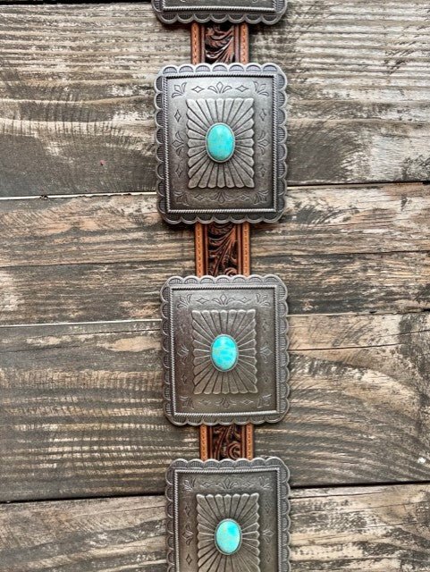 Ladies Tooled Leather Chunky Turquoise Stone Concho Belt
