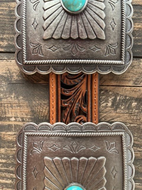 Ladies Tooled Leather Chunky Turquoise Stone Concho Belt