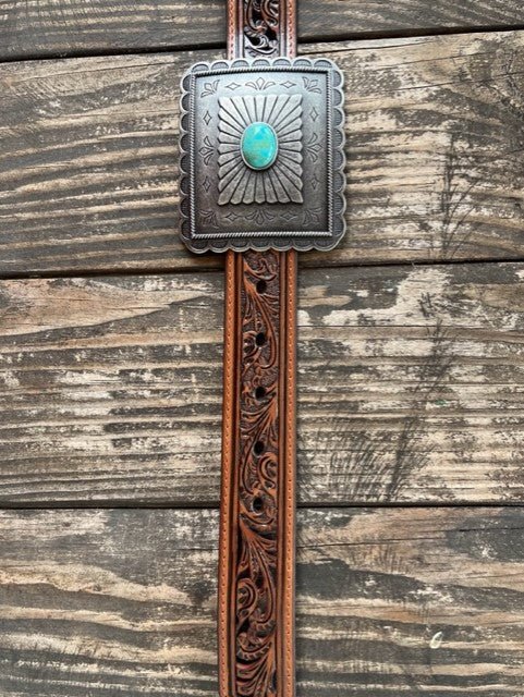Ladies Tooled Leather Chunky Turquoise Stone Concho Belt