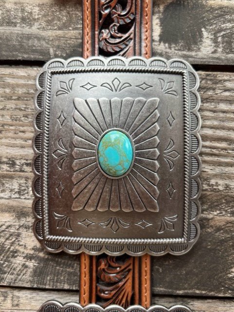 Ladies Tooled Leather Chunky Turquoise Stone Concho Belt