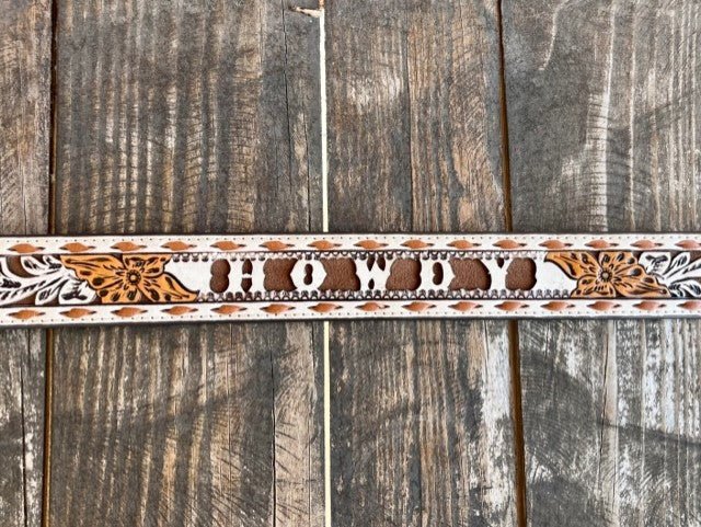Ladies Tooled Leather Overlay "Howdy" Belt