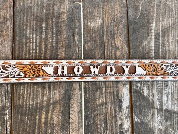 Ladies Tooled Leather Overlay "Howdy" Belt