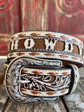 Ladies Tooled Leather Overlay "Howdy" Belt