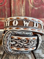 Ladies Tooled Leather Overlay "Howdy" Belt