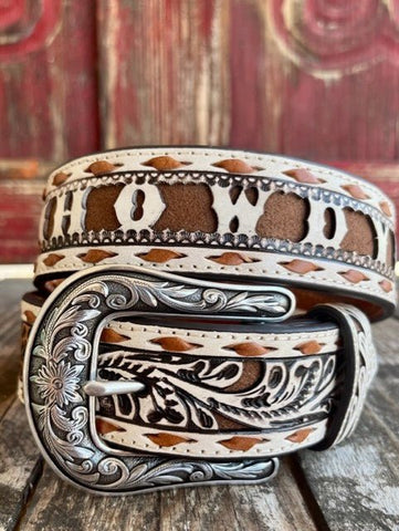 Ladies Tooled Leather Overlay "Howdy" Belt