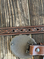 Ladies Tooled Leather Removable Flower Concho Belt
