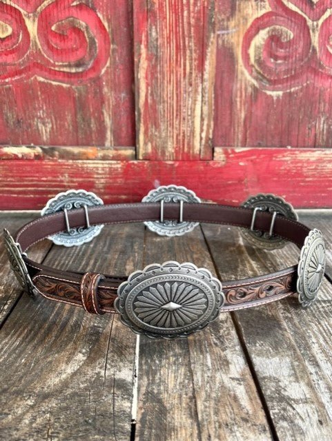 Ladies Tooled Leather Removable Flower Concho Belt