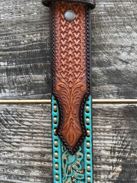 Ladies Turquoise Floral Overlay Belt with Gold Glitter & Gold Stitching