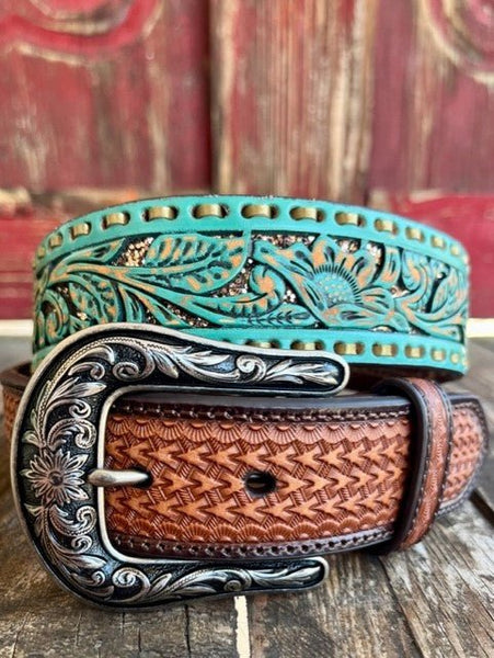 Ladies Turquoise Floral Overlay Belt with Gold Glitter & Gold Stitching